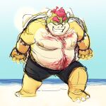  2022 anthro beach belly big_belly bottomwear bowser clothing hi_res koopa lentejota6 male mario_bros moobs nintendo nipples outside overweight overweight_male scalie seaside shorts solo video_games water 