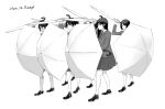  5girls commentary_request expressionless greyscale highres jacket long_hair medium_hair medium_skirt monochrome multiple_girls necktie original phalanx pleated_skirt school_uniform shield_wall shindol skirt umbrella 