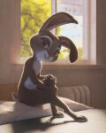  3d_(artwork) 4:5 absurd_res bed bent_legs buckteeth digital_media_(artwork) disney eyelashes feet female fever-dreamer flat_chested floppy fur furniture grey_body grey_fur hands_on_knee hi_res inside judy_hopps lagomorph leporid looking_at_viewer mammal multicolored_body multicolored_ears multicolored_fur nude purple_eyes purple_sclera rabbit scut_tail short_tail sitting smile solo teeth two_tone_body two_tone_ears two_tone_fur white_body white_fur zootopia 