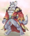  2022 5_toes abs anthro asian_clothing balls beard biped black_nose canid canine canis chinese_clothing claws clothed clothing colored digitigrade east_asian_clothing facial_hair feet fur genitals glans grey_balls grey_body grey_fur grey_hair grey_hands grey_tail hair hi_res humanoid_genitalia humanoid_hands humanoid_penis male mammal multicolored_body multicolored_fur muscular muscular_anthro muscular_male muscular_thighs nipples pantsless pecs penis red_glans sdorica solo tied_hair toes two_tone_body two_tone_fur two_tone_tail weedwolf wolf yellow_sclera 