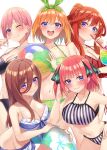  5girls absurdres ball bangs bare_shoulders beachball bikini bikini_skirt black_bikini blunt_bangs blush breasts brown_hair cleavage closed_mouth collarbone cup dot_nose drinking drinking_straw floral_print go-toubun_no_hanayome green_bikini green_ribbon groin hachiroku_(hatirokusann86) hair_between_eyes hair_ornament hair_ribbon hand_on_hip hand_up hibiscus_print high_ponytail highres holding holding_ball holding_beachball holding_cup holding_innertube innertube leaning_forward medium_hair multiple_girls nakano_ichika nakano_itsuki nakano_miku nakano_nino nakano_yotsuba navel one_eye_closed open_mouth pink_hair print_innertube purple_eyes red_bikini red_hair ribbon shiny shiny_hair short_hair siblings side-tie_bikini simple_background sisters smile star_(symbol) star_hair_ornament strap_gap striped striped_bikini swimsuit teeth thighs upper_teeth vertical-striped_bikini vertical_stripes 