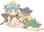  2girls anonymous_(japanese) antennae aqua_hair barefoot black_headwear blonde_hair bloomers blush blush_stickers brown_eyes butterfly_wings closed_mouth dress eternity_larva fairy feet green_dress gyate_gyate hat jaggy_lines leaf leaf_on_head licking licking_foot long_hair matara_okina multicolored_clothes multicolored_dress multiple_girls orange_sleeves short_hair short_sleeves soles tabard toes touhou transparent_background underwear white_bloomers wide_sleeves wings yellow_eyes yuri 