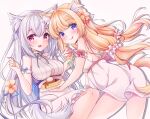  2girls :d :q animal_ear_fluff animal_ears ass bangs bare_shoulders blonde_hair blue_ribbon breasts cat_ears cat_girl cat_tail closed_mouth commentary_request dress feet_out_of_frame flower food fork grey_hair hair_between_eyes hair_flower hair_ornament hands_up holding holding_food holding_fork holding_plate ice_cream ice_cream_cone long_hair medium_breasts minakami_rinka multiple_girls neck_ribbon original plate purple_eyes red_ribbon ribbon simple_background sleeveless sleeveless_dress smile soft_serve tail tongue tongue_out very_long_hair white_background white_dress yellow_flower 
