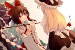  2girls apron ascot bangs black_headwear black_skirt blonde_hair blurry blurry_background bow brown_hair closed_mouth collared_vest commentary_request confession cowboy_shot detached_sleeves dutch_angle flower flying_sweatdrops frilled_bow frilled_hair_tubes frilled_hat frills from_behind gohei hair_between_eyes hair_bow hair_tubes hakurei_reimu hat highres holding holding_flower holding_gohei kirisame_marisa kuchuanleikan long_hair looking_at_another multiple_girls petals petticoat puffy_short_sleeves puffy_sleeves red_bow red_eyes red_flower red_rose red_skirt red_vest ribbon-trimmed_sleeves ribbon_trim rose shirt short_sleeves shrine signature skirt touhou vest waist_apron white_apron white_shirt white_sleeves witch_hat yellow_ascot yuri 