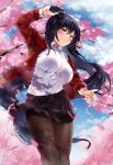 1girl azur_lane black_hair black_skirt blue_bra bra bra_visible_through_clothes breasts brown_pantyhose button_gap cardigan cellphone cherry_blossoms cloud cloudy_sky collared_shirt day flower from_below highres holding holding_phone huge_breasts long_hair looking_at_viewer looking_down miniskirt official_alternate_costume okame._(okame124) open_cardigan open_clothes outdoors pantyhose partially_unbuttoned petals phone pink_flower pleated_skirt red_cardigan school_uniform shirt skirt sky smartphone solo taihou_(azur_lane) taihou_(sweet_time_after_school)_(azur_lane) taut_clothes taut_shirt underwear very_long_hair 