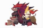  bluekomadori braid braiding_hair braixen closed_mouth commentary frown grey_eyes hairdressing holding pokemon pokemon_(creature) simple_background sitting smile white_background zoroark 