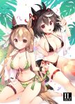  2girls :d ahoge animal_ears bare_arms bare_legs bare_shoulders barefoot beach bikini black_bikini black_hair blush braid breasts brown_hair cleavage closed_mouth commentary_request frilled_bikini frills green_bikini hands_up horse_ears horse_girl horse_tail kitasan_black_(umamusume) large_breasts long_hair mitha multicolored_hair multiple_girls red_eyes satono_diamond_(umamusume) sitting smile soles streaked_hair swimsuit tail teeth two-tone_hair two_side_up umamusume upper_teeth very_long_hair white_background white_hair yokozuwari 