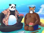  2022 ailurid anthro bari_mu beach belly big_belly black_body black_nose bottomwear brown_body clothed clothing cloud detailed_background duo eating eyewear food fruit giant_panda glasses hi_res humanoid_hands kemono male mammal melon moobs navel open_clothing open_shirt open_topwear outside overweight overweight_male plant red_panda seaside shirt shorts sitting topwear ursid water watermelon watermelon_slice white_body 
