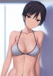  1girl against_wall bikini black_hair blue_eyes breasts cleavage closed_mouth collarbone grey_bikini hashi indoors looking_at_viewer medium_breasts navel original short_hair solo stomach swimsuit toned upper_body 