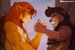  2022 5_fingers anthro claws day detailed_background digital_media_(artwork) disney duo eyebrows eyelashes felid fingers green_eyes hair hi_res kovu lion male mammal nerton nude outside pantherine red_eyes red_hair simba sky smile the_lion_king 