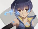  1girl blue_hair body_markings brown_eyes chest_jewel elbow_gloves fiery_hair gloves highres portrait sena_(xenoblade) side_ponytail sleeveless sleeveless_jacket tugo xenoblade_chronicles_(series) xenoblade_chronicles_3 