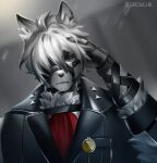  2022 anthro artist_name bottomwear butler canid canine canis clothing desidesuchr1 fur hand_behind_head harness hi_res inner_ear_fluff male mammal mihoyo muzzle_(object) one_eye_obstructed signature solo topwear tuft video_games von_lycaon white_body white_fur wolf zenless_zone_zero 