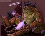  2022 4_ears 4_horns 5_fingers 5_toes abs abstract_background amputee anthro arm_support armor balls biceps big_balls big_feet big_teeth black_hair black_stripes censored charr claws crate dialogue digital_drawing_(artwork) digital_media_(artwork) digitigrade disability english_text fangs feet felid fingers fur genitals glowing glowing_eyes grin guild_wars hair half-closed_eyes headgear heel_claw helmet horn leaning_on_elbow leaning_on_object light lighting lips looking_at_viewer magic male mammal marcus_furyclash multi_ear multi_horn multicolored_body multicolored_fur muscular muscular_anthro muscular_male muscular_thighs narrowed_eyes nude orange_body orange_fur pawpads pecs prosthetic prosthetic_hand pubes raised_leg shaded signature sitting smile smug solo spiky_hair striped_body striped_fur stripes tail_tuft teasing technology text tiger_stripes toe_claws toes tuft url video_games whiskers yellow_eyes zevrant_bapt_(artist) 