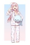 1girl ahoge bangs barefoot blue_eyes blunt_bangs commentary_request floral_print full_body highres holding holding_stuffed_toy long_hair long_sleeves one_eye_closed open_mouth original pajamas pink_hair pocket solo standing stuffed_animal stuffed_dolphin stuffed_toy teeth tsukumon_123 white_pajamas yawning 