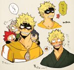  4boys alternate_costume amajiki_tamaki artist_name black_hair black_mask blonde_hair boku_no_hero_academia child clenched_teeth commentary_request eye_mask fat_gum_(boku_no_hero_academia) food grey_background grey_hair highres hood hood_down hooded_jacket jacket kirishima_eijirou looking_at_another male_child male_focus monu mouth_pull multiple_boys multiple_views on_shoulder open_mouth portrait red_hair sharp_teeth short_hair simple_background smile speech_bubble spiked_hair spoken_food takoyaki teeth tetsutetsu_tetsutetsu translation_request yellow_jacket younger zipper_pull_tab 