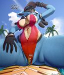  anthro clothing discordthege dominant dominant_female duo female genitals hi_res larger_female low-angle_view lucario macro male male/female micro nintendo pok&eacute;mon pok&eacute;mon_(species) pussy size_difference solo swimwear video_games 