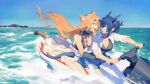  2girls :d animal_ears arknights bikini black_bikini black_gloves black_swimsuit blue_hair blue_sky bracelet casual_one-piece_swimsuit center_opening ch&#039;en_(arknights) collared_shirt commentary dragon_girl dragon_horns dragon_tail fang flame-tipped_tail folded_ponytail gloves green_eyes hair_between_eyes highres horns jet_ski jewelry long_hair looking_at_another looking_back multiple_girls one-piece_swimsuit open_clothes open_mouth open_shirt orange_hair outdoors red_eyes shirt sky sleeves_rolled_up smile swimsuit swire_(arknights) symbol-only_commentary tail tail_ornament tail_ring tiger_ears tiger_girl tiger_tail vento water white_shirt 