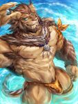  2022 abs anthro biceps bulge clothed clothing felid final_fantasy final_fantasy_xiv hi_res hrothgar jewelry male mammal muscular muscular_anthro muscular_male necklace nipples pecs rabbity solo square_enix video_games water 