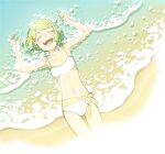  1girl armpits bare_arms beach bikini blonde_hair blush bon_bon_eee breasts closed_eyes collarbone foaming_waves from_above hair_ornament hairclip halterneck highres kagamine_rin lying midriff navel ocean on_back partially_submerged sand skinny small_breasts smile solo string_bikini swimsuit vocaloid white_bikini 