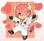  1boy animal_ears animal_print bara beard bell belt_collar black_gloves blowing_kiss checkered_background chest_hair chibi collar cow_boy cow_ears cow_horns cow_print cow_tail cowbell facial_hair fingerless_gloves full_body gloves hair_over_one_eye half-closed_eyes heart heart_background hood hood_down hooded_jacket horns jacket looking_at_viewer male_focus mature_male moosopp original outstretched_arms pink_hair print_jacket purple_eyes sal_(moosopp) short_hair solo tail thick_eyebrows 