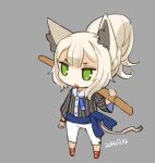  1girl animal_ears chibi dated full_body green_eyes highres jewelry long_hair mota open_mouth original simple_background solo tail white_hair 