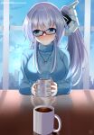  1girl alternate_costume alternate_hairstyle blue_eyes blue_hair blue_nails blue_sweater blush breasts closed_mouth commentary_request cup day earrings embarrassed glasses hair_between_eyes helvetica_std highres holding holding_cup horns hot_drink indoors jewelry kiseijou_rei large_breasts long_hair looking_at_viewer necklace neptune_(series) patreon_username reflection side_ponytail single_horn skull_earrings skull_necklace solo sweater turtleneck turtleneck_sweater upper_body 