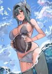  1girl ball bare_arms bare_shoulders bikini black_hairband blue_hair blue_sky breasts brown_eyes commentary_request cowboy_shot day eula_(genshin_impact) genshin_impact grey_bikini hair_ornament hairband highres holding holding_ball large_breasts looking_at_viewer medium_hair sky solo standing swimsuit the_olphy thighs wading water 