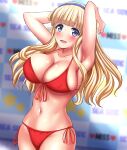  1girl absurdres bikini blonde_hair blue_hairband blurry blurry_background breasts cleavage commentary_request covered_nipples cowboy_shot double_bun fletcher_(kancolle) front-tie_bikini front-tie_top hair_bun hairband highres kantai_collection large_breasts long_hair looking_at_viewer purple_eyes red_bikini side-tie_bikini solo swimsuit zanntetu 