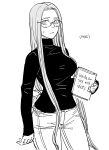  1girl absurdres bb_(baalbuddy) blush book breasts denim english_text fate/stay_night fate_(series) glasses greyscale highres holding holding_book jeans long_hair medusa_(fate) medusa_(rider)_(fate) monochrome pants simple_background solo turtleneck white_background 