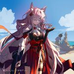  1girl arknights artist_name black_gloves black_shirt blue_sky braid breasts cloud cloudy_sky elbow_gloves gloves hair_between_eyes hair_ornament hand_up highres lofter_logo long_hair medium_breasts outdoors pink_hair pozyomka_(arknights) red_skirt rockyroo sand_castle sand_sculpture shirt skirt sky solo twitter_username very_long_hair weibo_logo 