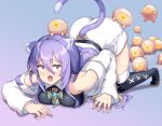  1girl all_fours animal_ears ass breasts cat_ears cat_tail fangs highres hololive hololive_indonesia large_breasts long_hair moona_hoshinova on_ass on_head purple_eyes purple_hair purple_nails sawara_noa stray_(game) tail tail_through_clothes tears top-down_bottom-up virtual_youtuber zurk_(stray) 