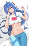  1girl absurdres ahoge bangs blue_hair blue_pants blush breasts clothes_lift clothes_pull crossed_bangs from_above ganyu_(genshin_impact) genshin_impact goat_horns gradient_eyes hands_up heart heart_print highres horns l.tea large_breasts long_hair looking_at_viewer lying midriff multicolored_eyes on_back on_bed panties pants pants_pull panty_peek parted_lips purple_eyes shirt shirt_lift short_sleeves solo stomach t-shirt underboob underwear very_long_hair white_panties white_shirt 