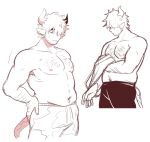  1boy animal_ears bags_under_eyes bara belly chest_hair collage cow_boy cow_ears cow_horns cow_tail cropped_legs facial_hair hair_over_one_eye horns looking_to_the_side male_focus mature_male monochrome moosopp original plump sal_(moosopp) short_hair sketch stubble tail thick_eyebrows topless_male undressing 