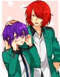  1boy 1girl adjusting_eyewear bishounen_series doujima_mayumi fukuroi_mitsuru glasses hair_over_one_eye hand_on_another&#039;s_head hinata_(ryohinata) long_sleeves necktie open_mouth purple_eyes purple_hair red_eyes red_hair school_uniform shirt short_hair simple_background standing star_(symbol) white_shirt yubiwa_high_school_uniform 