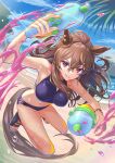  1girl ahoge animal_ears bangs bare_shoulders beach bikini bracelet breasts brown_hair cloud highres holding holding_water_gun horse_ears horse_girl horse_tail jewelry jumping long_hair looking_at_viewer making-of_available medium_breasts nabe_saori nakayama_festa_(entrust_myself_to_the_dice)_(umamusume) nakayama_festa_(umamusume) navel necklace ocean outdoors parted_lips red_eyes sand sandals solo sparkle swimsuit tail tankini toes umamusume water water_gun wet wet_hair 
