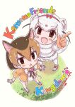  2girls animal_costume animal_ear_fluff animal_ears black_eyes bow bowtie brown_eyes brown_hair chevrotain_(kemono_friends) dress gloves highres kemono_friends kemono_friends_kingdom kneehighs least_weasel_(kemono_friends) multiple_girls nakashi_masakumi open_mouth pantyhose ribbon scarf shirt shoes short_hair shorts simple_background socks tail white_hair 