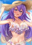  1girl absurdres arms_up bikini breasts cleavage collarbone colored_tips fang floral_print frilled_bikini frills gradient_hair hat highres holding holding_clothes holding_hat hololive hololive_indonesia kaigan large_breasts light_blush looking_at_viewer moona_hoshinova multicolored_hair navel open_mouth purple_hair ribs sky smile straw_hat sun_hat swimsuit upper_body virtual_youtuber yellow_eyes 