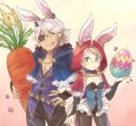  1boy 1girl alternate_costume animal_ears animal_hood breasts carrot cleavage easter easter_egg egg father_and_daughter fire_emblem fire_emblem_fates fire_emblem_heroes holding holding_carrot holding_egg hood licking_lips lowres niles_(fire_emblem) nina_(fire_emblem) pantyhose playboy_bunny rabbit_ears rabbit_hood small_breasts tefutene tongue tongue_out 