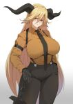  1girl animal_ears arknights arm_strap black_gloves black_pants blonde_hair blush breasts brown_shirt collared_shirt cowboy_shot degenbrecher_(arknights) gloves goat_ears goat_girl goat_horns highres horns large_breasts long_hair looking_at_viewer pants shirt shirt_tucked_in simple_background solo suspenders sword thighs v-shaped_eyebrows very_long_hair weapon white_background xperiajoker yellow_eyes 