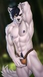  2022 abs anthro black_hair canid canine canis clothed clothing digital_media_(artwork) domestic_dog eyebrows eyelashes facial_piercing fur green_eyes hair hi_res looking_at_viewer male mammal navel nose_piercing nose_ring piercing ring_piercing shirtless solo variri white_body white_fur 