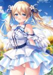  1girl :d bangs bare_shoulders blonde_hair blue_eyes blue_ribbon blue_sky blurry blurry_background blush bow bow_panties breasts center_frills cloud collared_shirt commentary_request day depth_of_field feathered_wings floating_hair flower frills hair_between_eyes hair_flower hair_ornament hair_ribbon hairclip long_hair low_wings medium_breasts mitsuba_choco original outdoors panties ribbon shirt skirt sky sleeveless sleeveless_shirt smile solo standing striped striped_ribbon striped_skirt sunflower twintails twitter_username underwear vertical-striped_skirt vertical_stripes very_long_hair white_flower white_shirt white_wings wings yellow_flower yellow_panties 