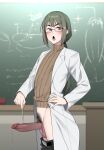  1boy androgynous belt blush brown_eyes chalkboard clothes_pull coat dark_penis erection glasses green_hair highres in_(ain) long_hair male_focus male_pubic_hair mature_male mole mole_under_eye open_mouth original otoko_no_ko pants pants_pull penis ponytail precum precum_string pubic_hair solo sweater teacher testicles textless_version uncensored white_coat 