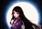  1girl absurdres backlighting black_background brown_hair closed_mouth collared_dress dress from_side highres hua_jianghu_zhi_bei_mo_ting long_hair moon mulan_style purple_dress purple_eyes shiny shiny_hair si_kongqi_(hua_jianghu_zhi_bei_mo_ting) solo upper_body 