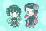  1boy 1girl :3 :o aqua_background arm_behind_back ascot bangs black_ascot black_coat black_gloves black_hair blunt_bangs braid braid_girl_(enmu&#039;s_recruits) braided_bun cane chibi closed_mouth coat double_bun enmu_(kimetsu_no_yaiba) extra_eyes facial_mark gloves green_hair grey_footwear grey_pants grey_skirt hair_bun hair_over_shoulder highres holding holding_cane hooves horizontal_pupils horns kimetsu_no_yaiba long_hair long_sleeves looking_at_viewer matching_outfit mihashi_(re4_glo) mismatched_pupils monsterification multicolored_hair outstretched_arm own_hands_together pants pink_hair sheep sheep_boy sheep_girl sheep_horns short_hair_with_long_locks sidelocks skirt smile solo standing streaked_hair text_in_eyes twin_braids 