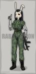  anthro army army_uniform black_hair camo camo_clothing camo_print clothing evgheshkafx female fur gun hair hi_res lagomorph leporid mammal metal_arm pattern_clothing prosthetic prosthetic_arm prosthetic_limb rabbit ranged_weapon red_eyes smile solo weapon white_body white_fur 