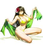  1girl absurdres bikini black_hair breasts cleavage flower full_body ghdwid green_bikini grin hair_flower hair_ornament highleg highleg_bikini highres holding large_breasts long_hair long_legs looking_at_viewer navel original pink_flower red_flower sandals simple_background smile solo swimsuit white_background yellow_eyes 
