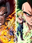  2boys age_difference black_hair blonde_hair blue_eyes boots brown_hair denim dougi dragon_ball dragon_ball_gt fingerless_gloves gloves green_eyes highres jeans monkey_boy multiple_boys pants purple_footwear size_difference smirk son_goku super_saiyan super_saiyan_4 tank_top vegeta wai_(y48754085) yellow_eyes yellow_pants younger 