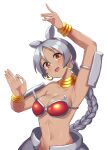  1girl absurdres animal_ears arm_over_head arm_up armor armpits bikini_armor braid braided_ponytail breasts brown_eyes cleavage collarbone dark-skinned_female dark_skin earrings extra_ears facial_mark forehead_mark grey_hair hair_between_eyes hand_up head_tilt highres hoop_earrings indian_rhinoceros_(kemono_friends) jewelry kemono_friends linea_alba long_hair looking_at_viewer medium_breasts navel neck_ring ok_sign open_mouth red_armor rhinoceros_ears sawara_noa shiny shiny_hair shoulder_armor simple_background single_braid smile solo stomach upper_body very_long_hair white_background wristlet 