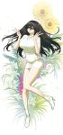  1girl absurdres black_hair breasts brown_eyes double_v floating flower full_body ghdwid high_heels highres impossible_clothes large_breasts light_blush light_smile long_hair long_legs open_mouth original sash short_sleeves solo sunflower v white_flower white_sash 
