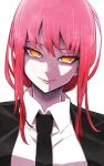  1girl black_necktie black_suit business_suit chainsaw_man close-up collared_shirt commentary formal highres jin_(mugenjin) looking_at_viewer makima_(chainsaw_man) necktie red_hair ringed_eyes shaded_face shirt smile solo suit white_background white_shirt yellow_eyes 